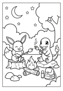 Eevee and Charmander roasting marshmallows at campfire