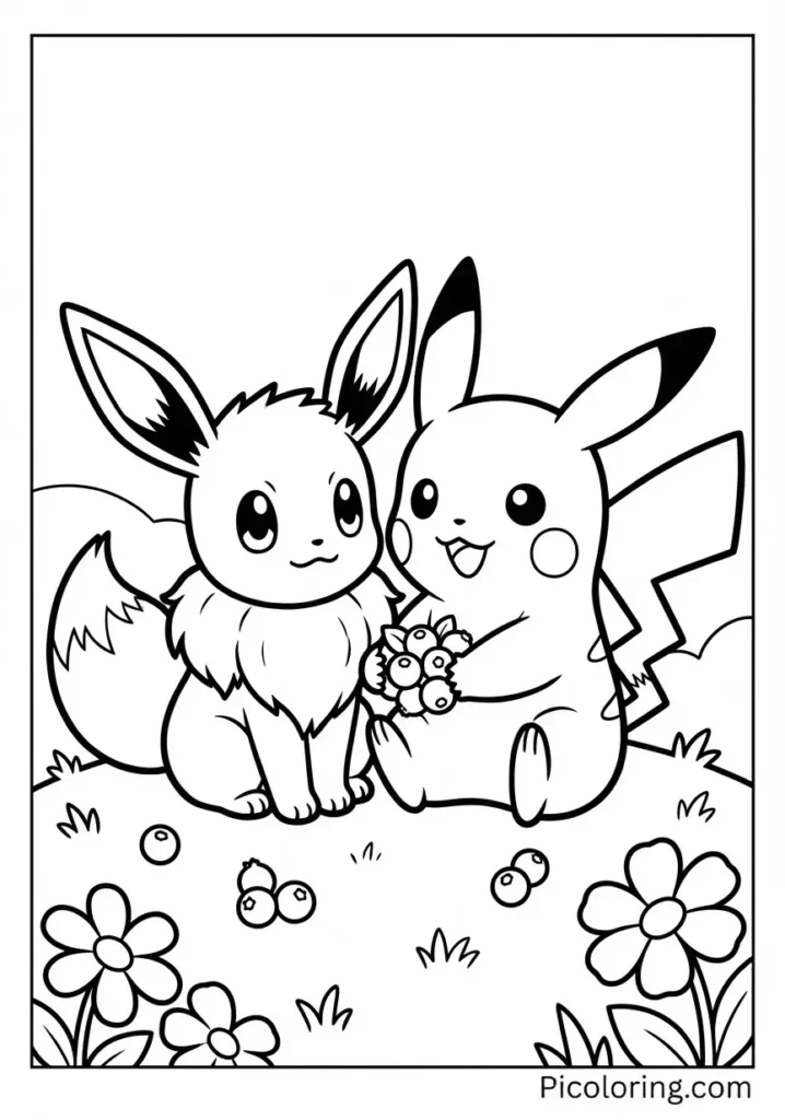 Eevee and Pikachu sharing berries together