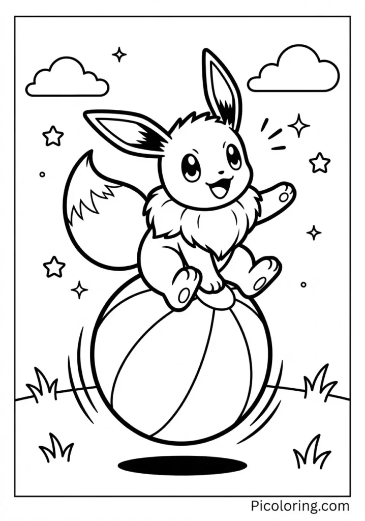 Eevee bouncing on a big colorful bouncy ball