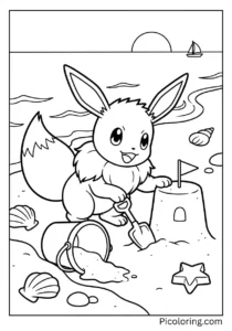 Eevee building sandcastles with bucket and shovel
