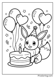 Eevee celebrating with birthday cake and balloons