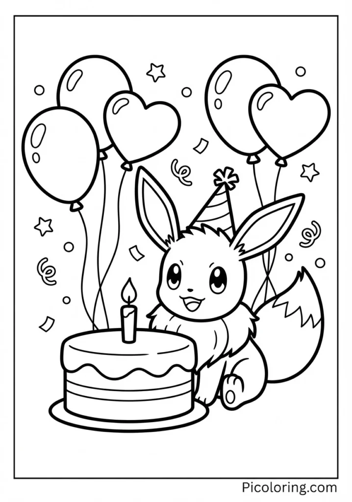 Eevee celebrating with birthday cake and balloons