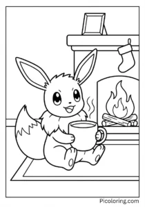 Eevee drinking hot cocoa by the fireplace
