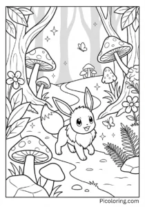 Eevee exploring a magical forest with giant mushrooms
