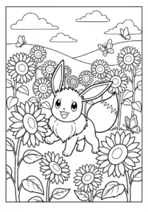 Eevee playing happily in a field of sunflowers