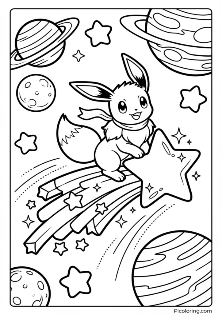 Eevee riding a magical shooting star through space