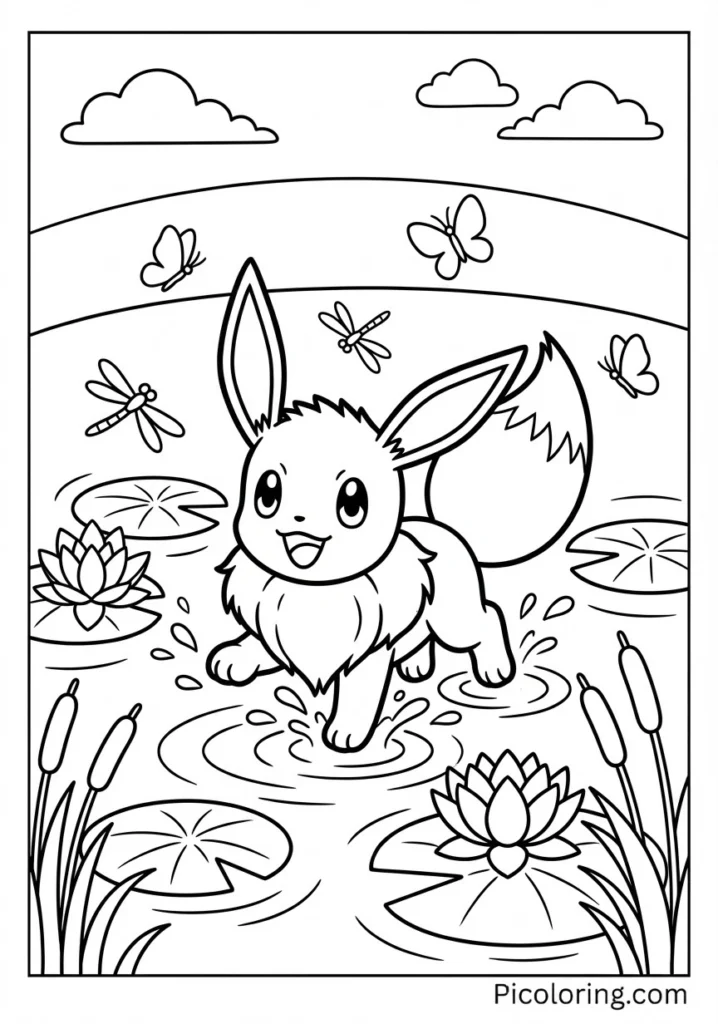 Eevee splashing joyfully in a pond with lily pads