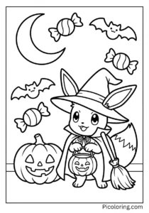 Eevee wearing a spooky Halloween witch costume
