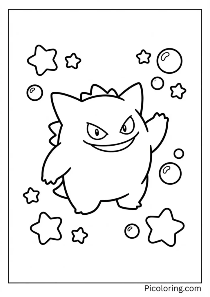 Friendly Gengar waving one hand to greet young artists