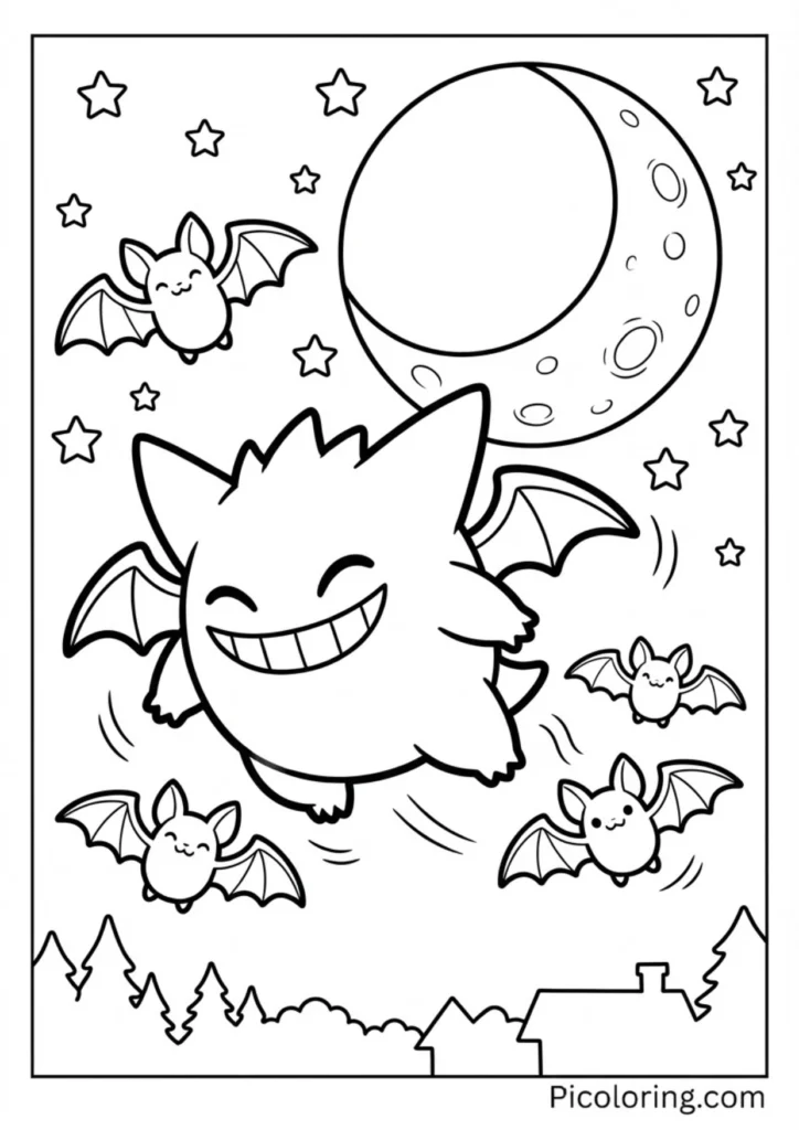 Gengar flying with friendly cartoon bats at night