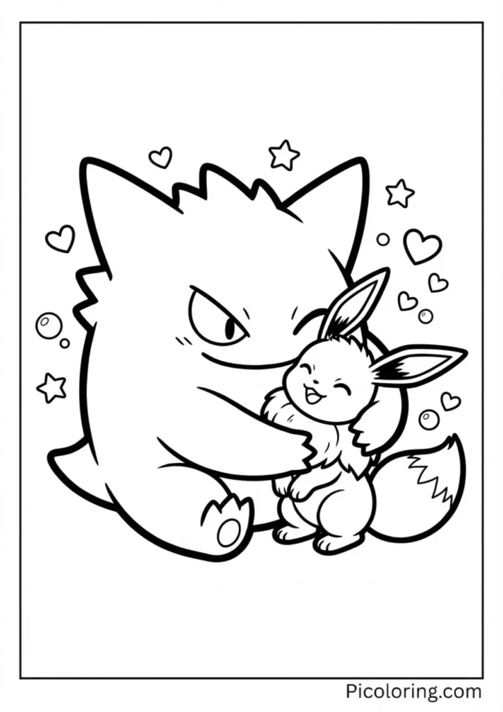 Gengar giving a friendly hug to adorable Eevee