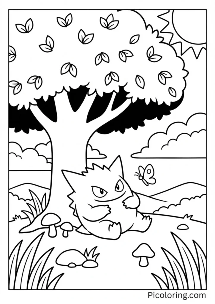 Gengar resting under a large shady tree on a sunny day