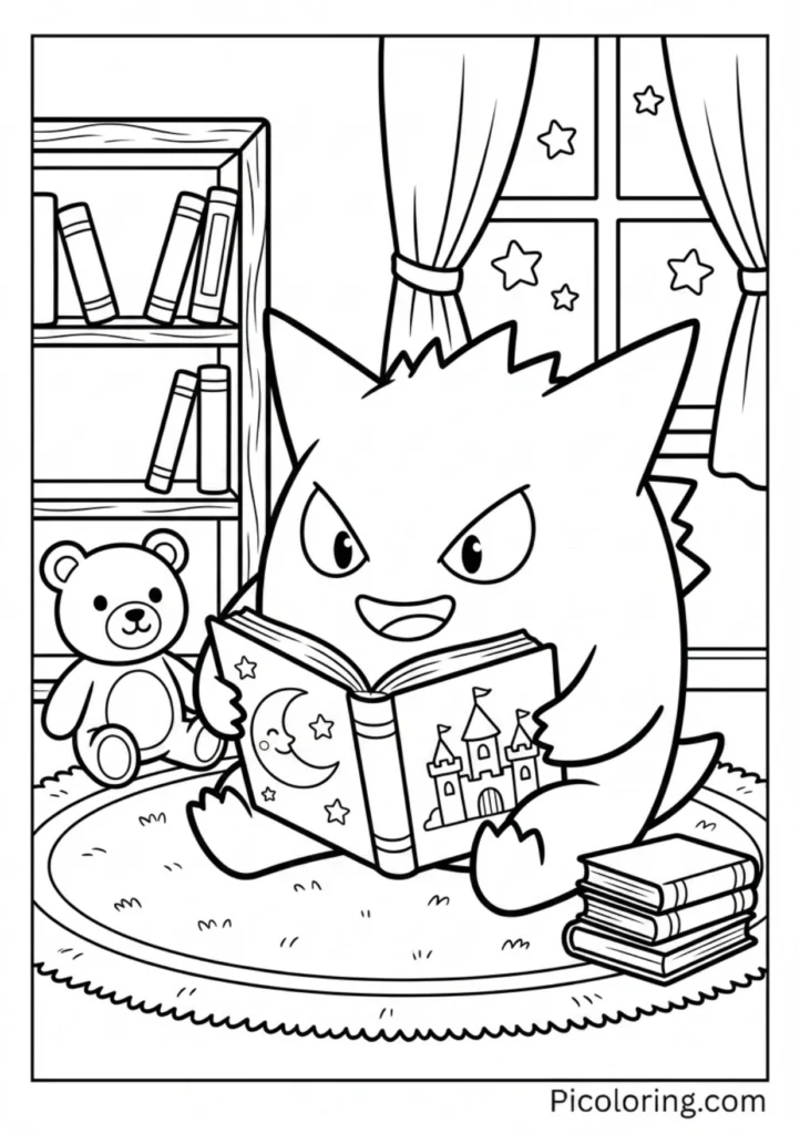 Gengar sitting comfortably reading a big storybook