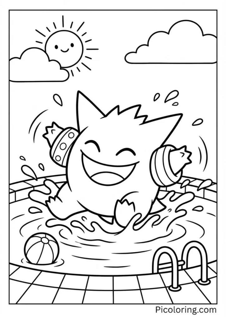 Gengar splashing in a swimming pool with floaties