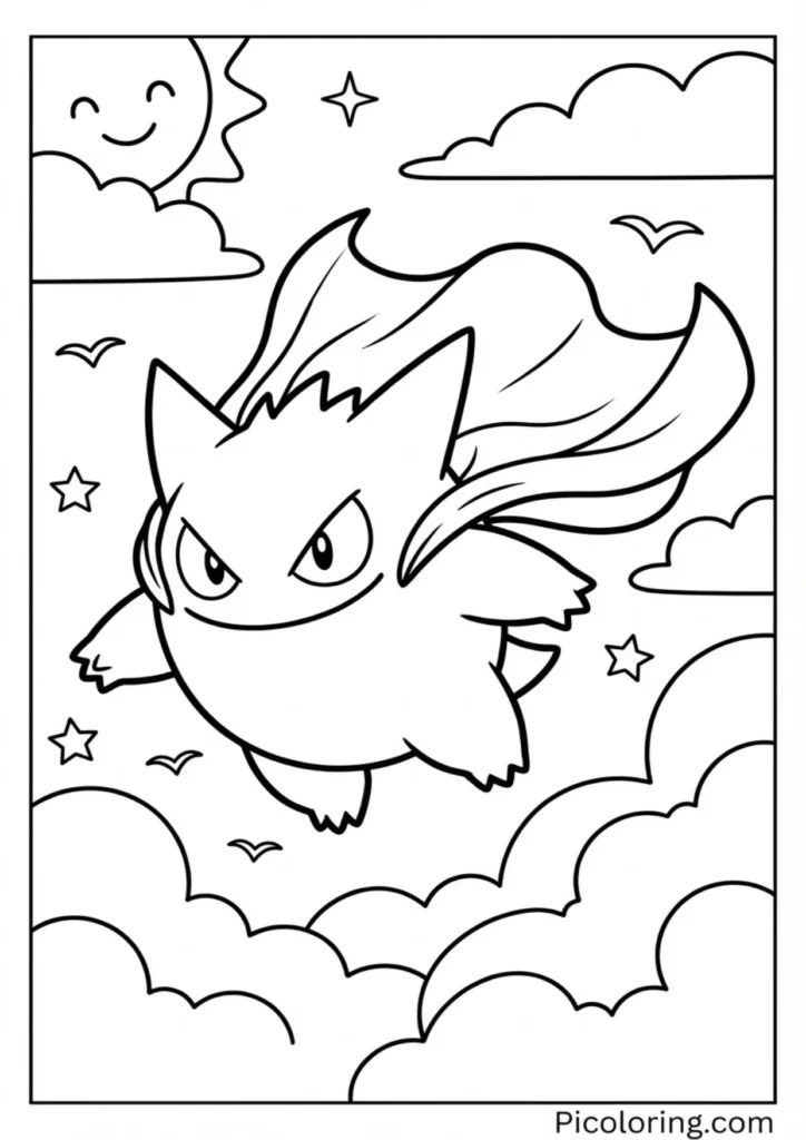Gengar wearing a cape flying through the sky