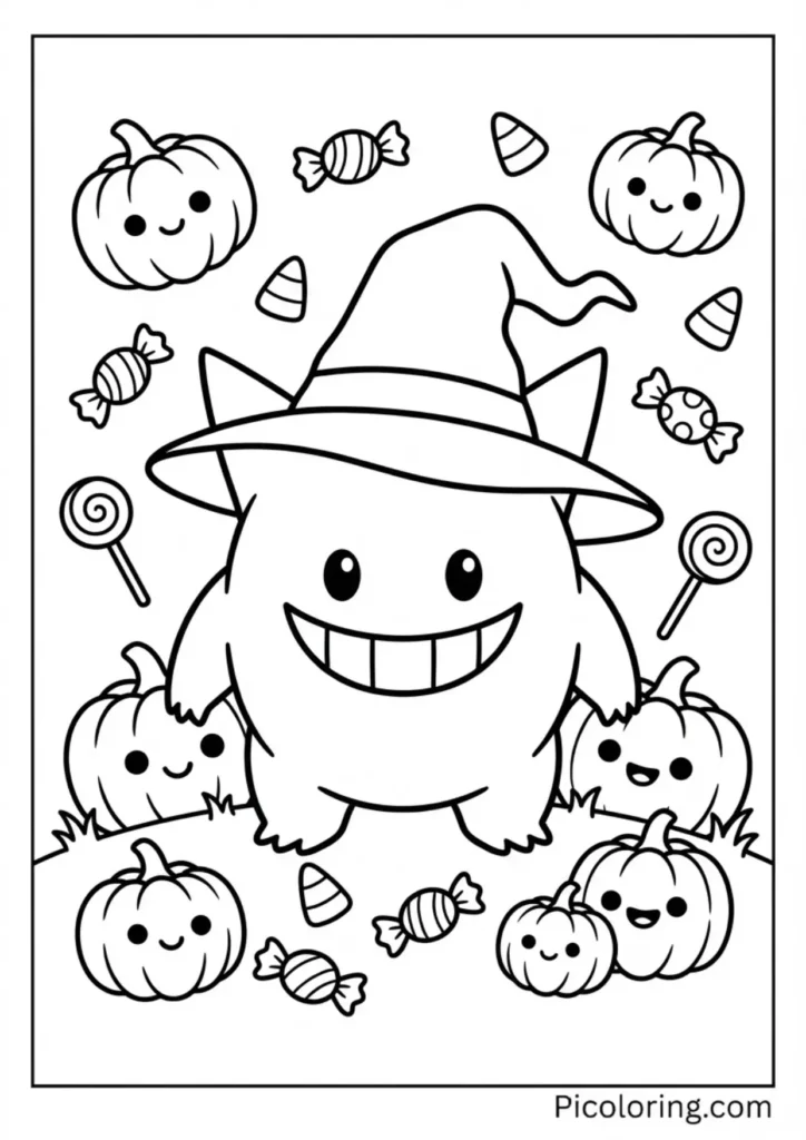 Gengar wearing a witch hat surrounded by pumpkins and candy