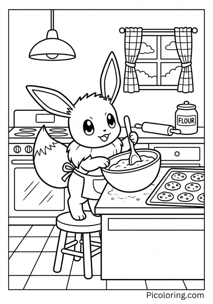 Pokemon Eevee helping bake cookies in kitchen