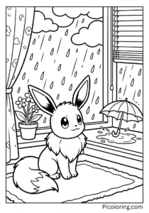 Pokemon Eevee looking out the window at rain