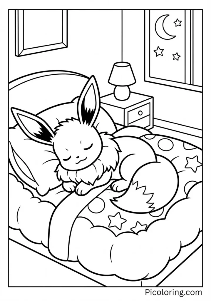 Pokemon Eevee taking a cozy nap in fluffy bed