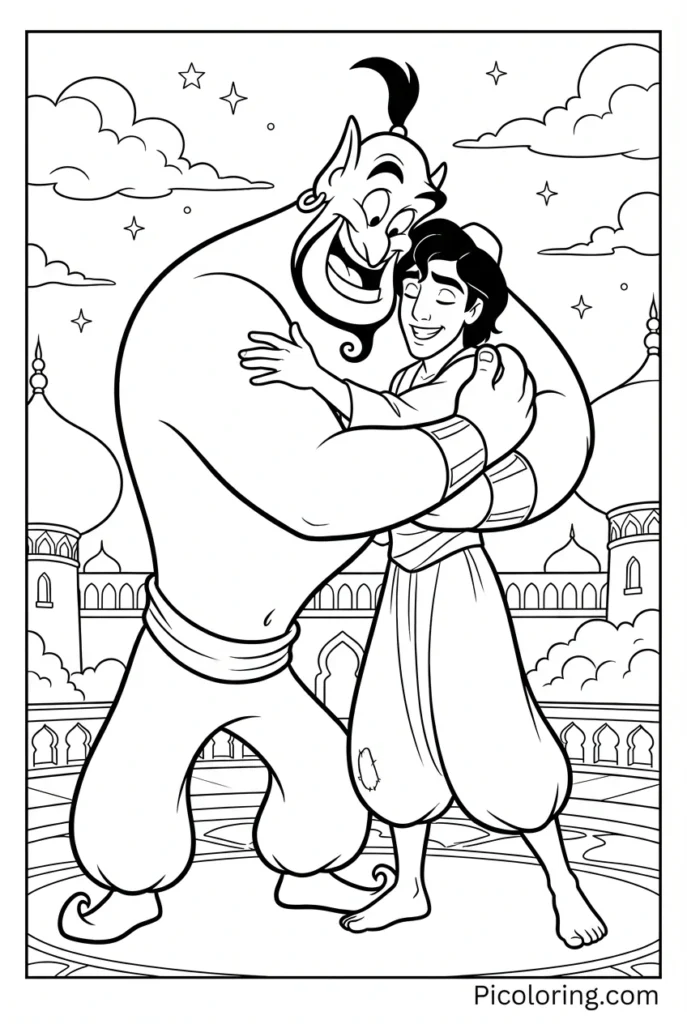 A heartwarming scene of Genie giving Aladdin a big hug
