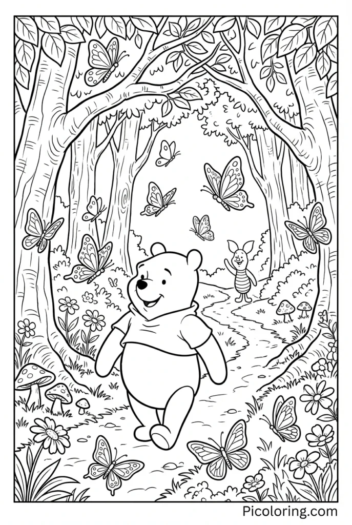 A winding path through the Hundred Acre Wood with butterflies
