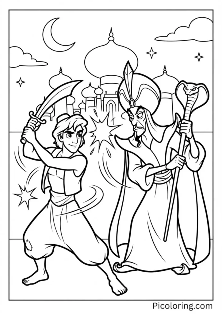 Aladdin facing off against Jafar in epic battle