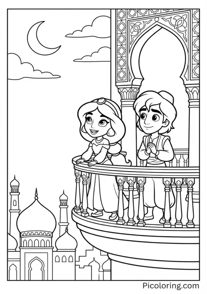 Aladdin on the balcony with Jasmine under the moonlight