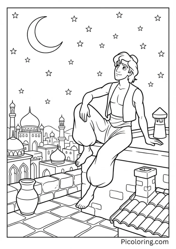 Aladdin relaxing on a rooftop looking at the stars over Agrabah