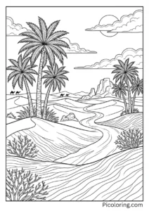 Beautiful desert landscape with palm trees and sand dunes Beautiful desert landscape with palm trees and sand dunes