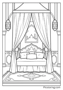 Beautiful royal bedroom with bed, pillows, and drapes Beautiful royal bedroom with bed, pillows, and drapes