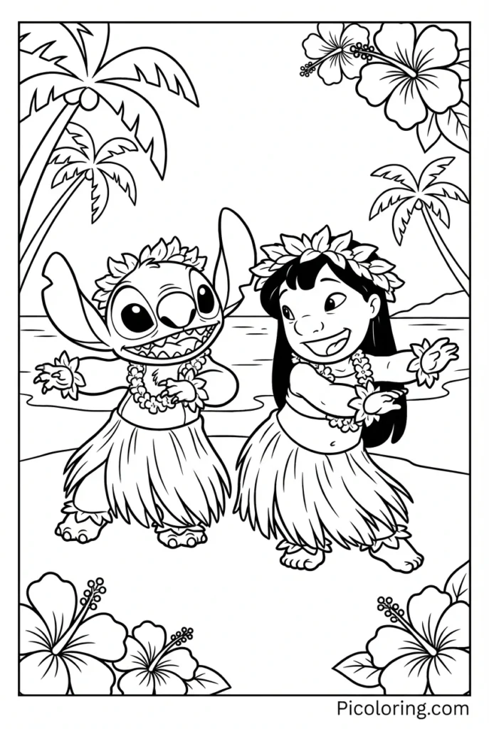 Both characters wearing grass skirts doing a traditional Hawaiian dance