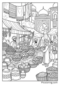 Busy market scene with stalls, baskets, and fruits Busy market scene with stalls, baskets, and fruits