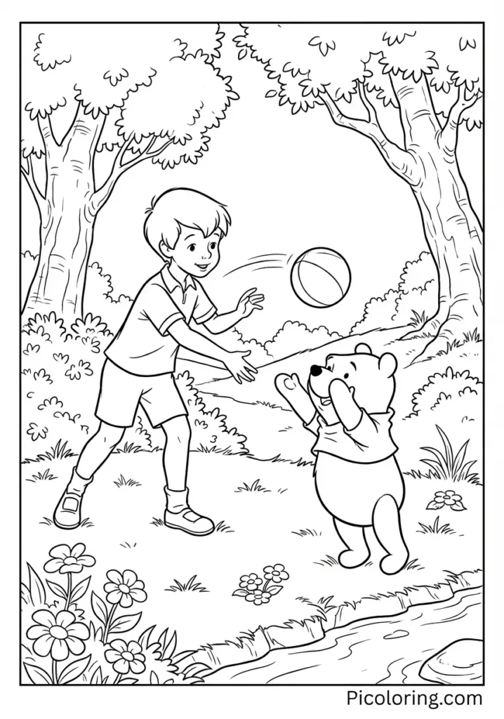 Christopher Robin and Pooh playing catch