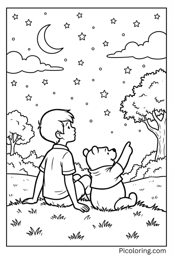 Christopher Robin and Pooh watching stars at night