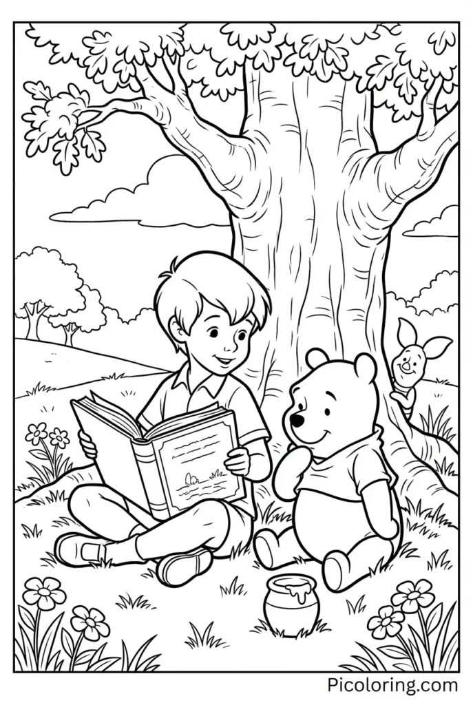 Christopher Robin reading a book to Pooh