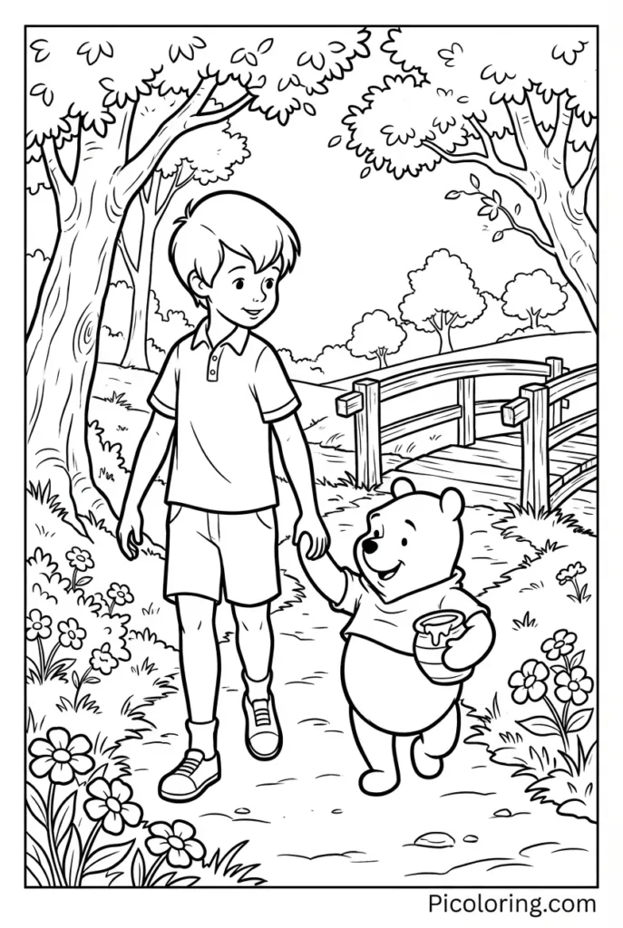 Christopher Robin walking hand-in-hand with Pooh