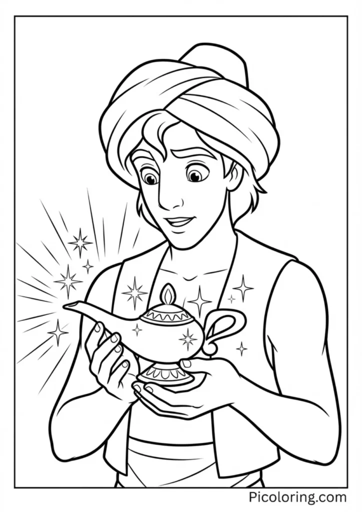 Close-up of Aladdin gazing at the glowing magic lamp in his hands