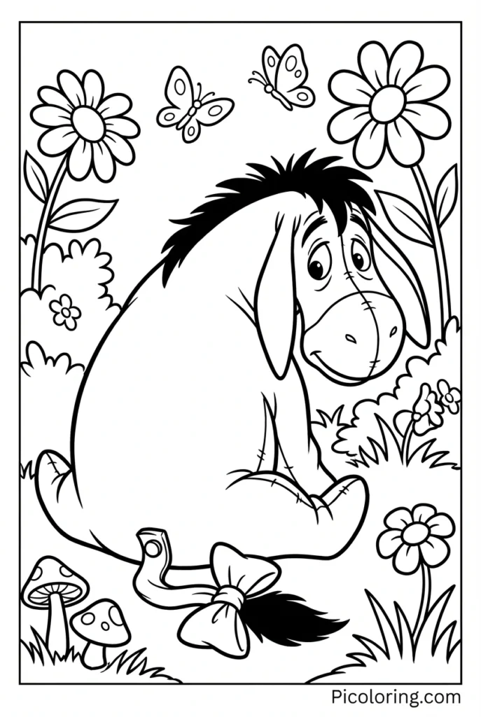 Eeyore looking at his tail with a bow on it