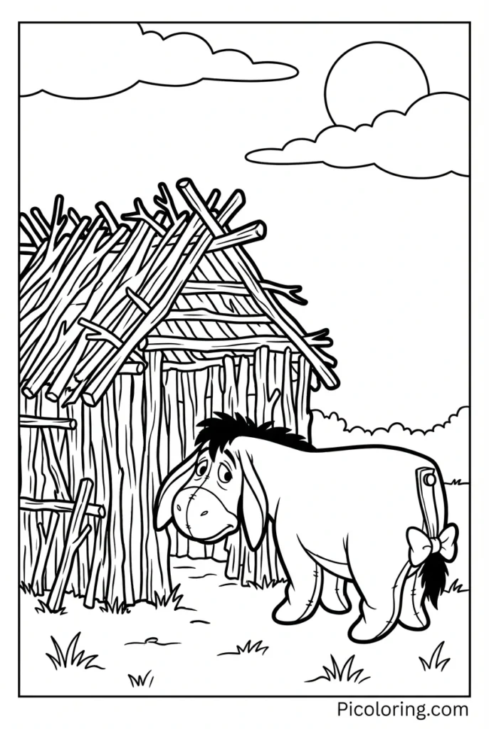 Eeyore standing next to his stick house