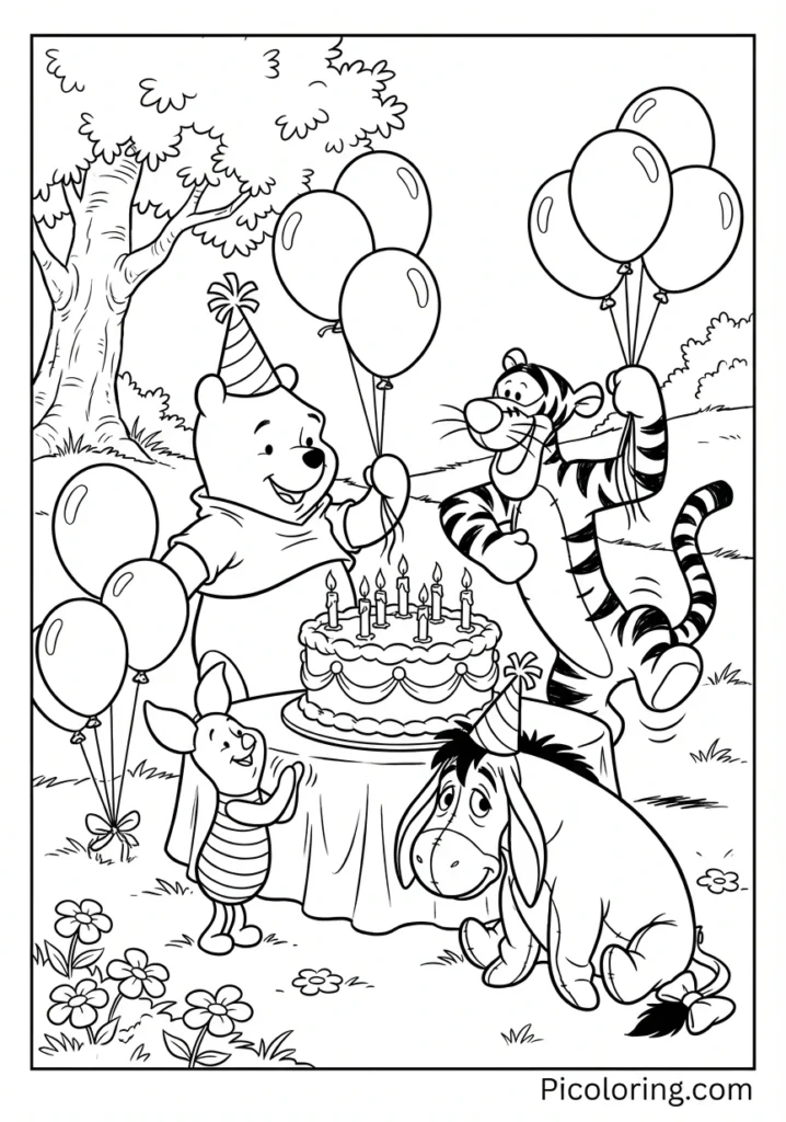 Friends celebrating with cake and balloons