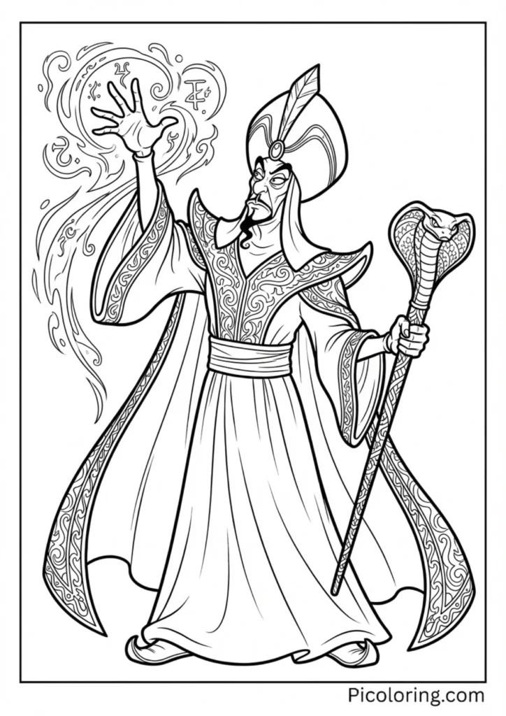 Jafar in his dark sorcerer robes casting a spell