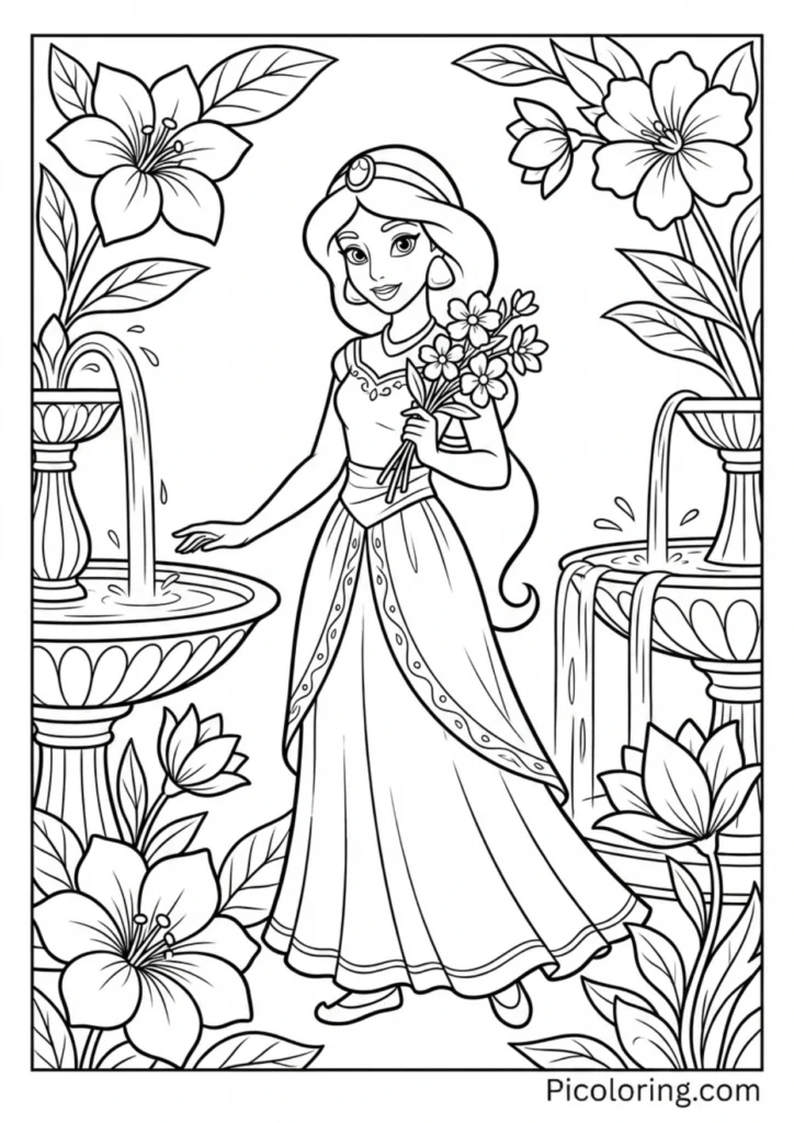 Jasmine surrounded by beautiful flowers and fountains