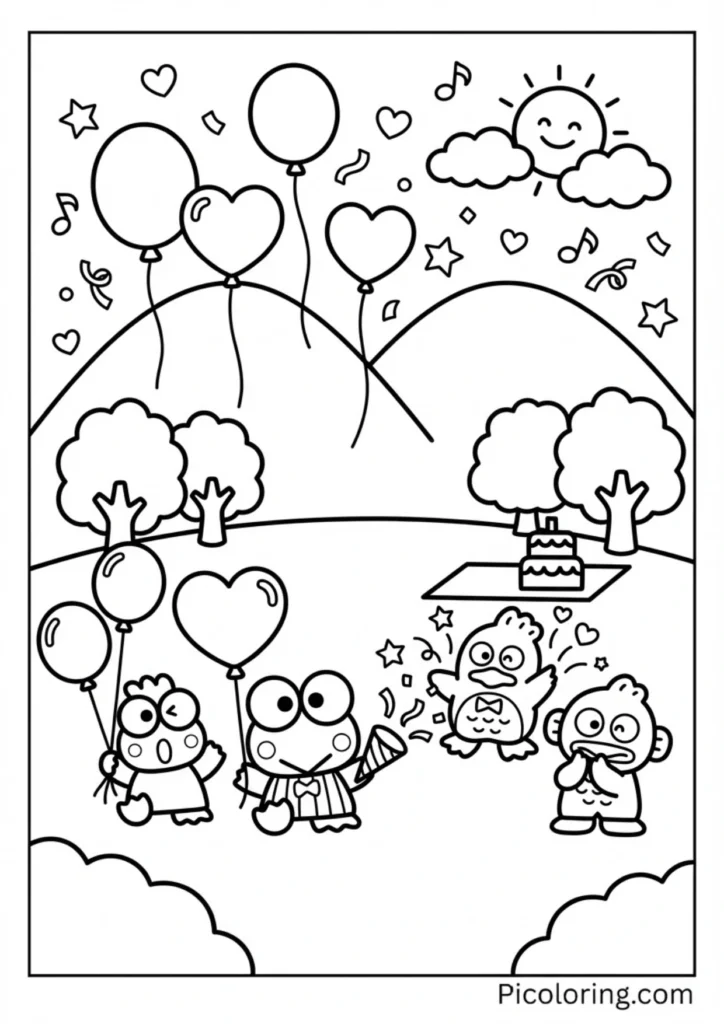 Keroppi and friends celebrating with balloons