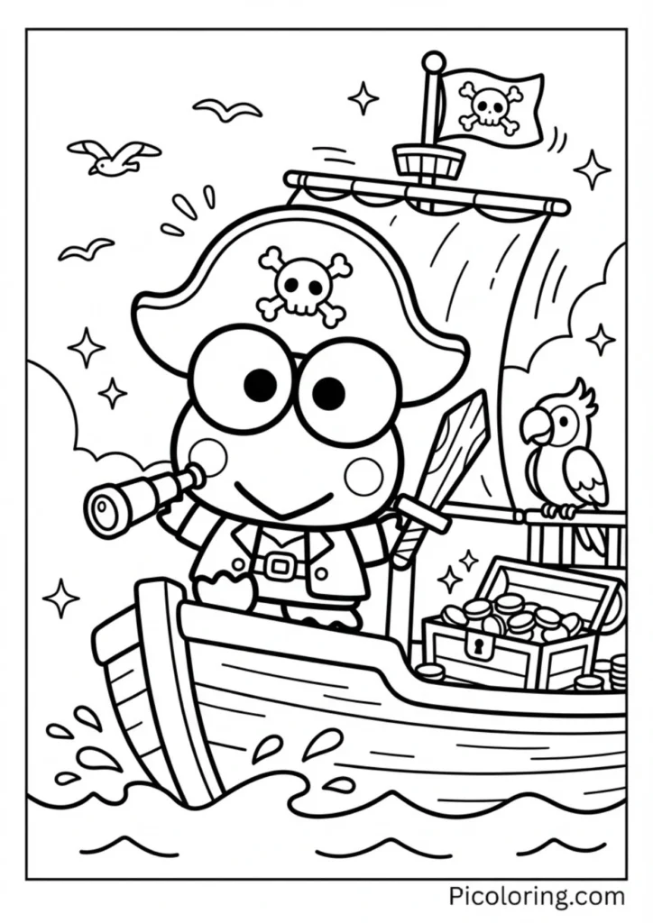 Keroppi as a pirate captain on a ship