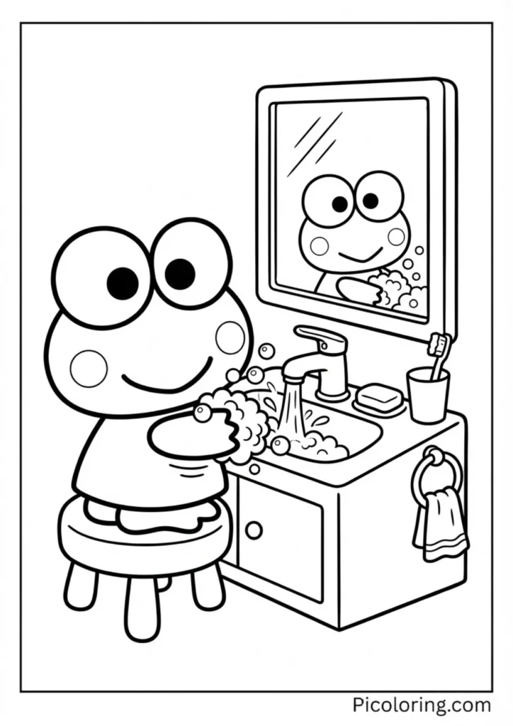Keroppi at the bathroom mirror being hygienic