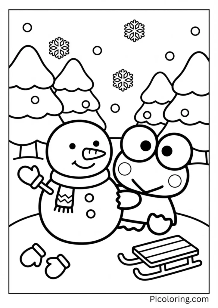 Keroppi building a cute snowman with a scarf