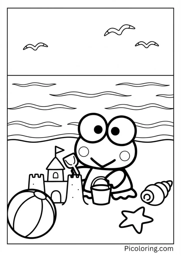 Keroppi building a sandcastle near ocean waves