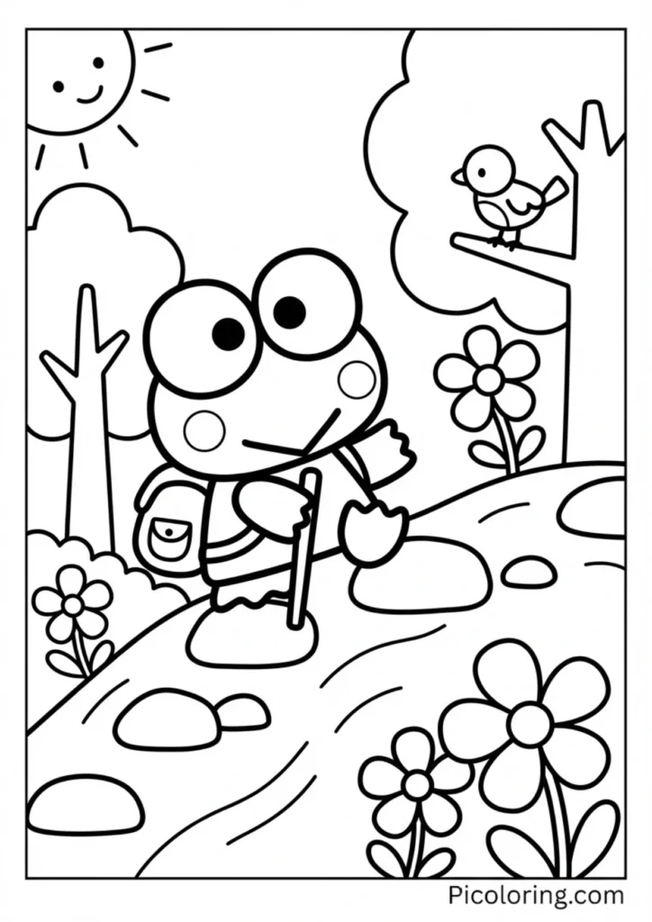 Keroppi climbing a hill with a backpack and walking stick