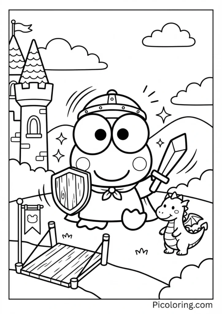 Keroppi dressed as a brave knight near a castle