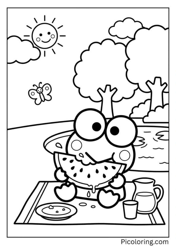 Keroppi enjoying a big slice of juicy watermelon